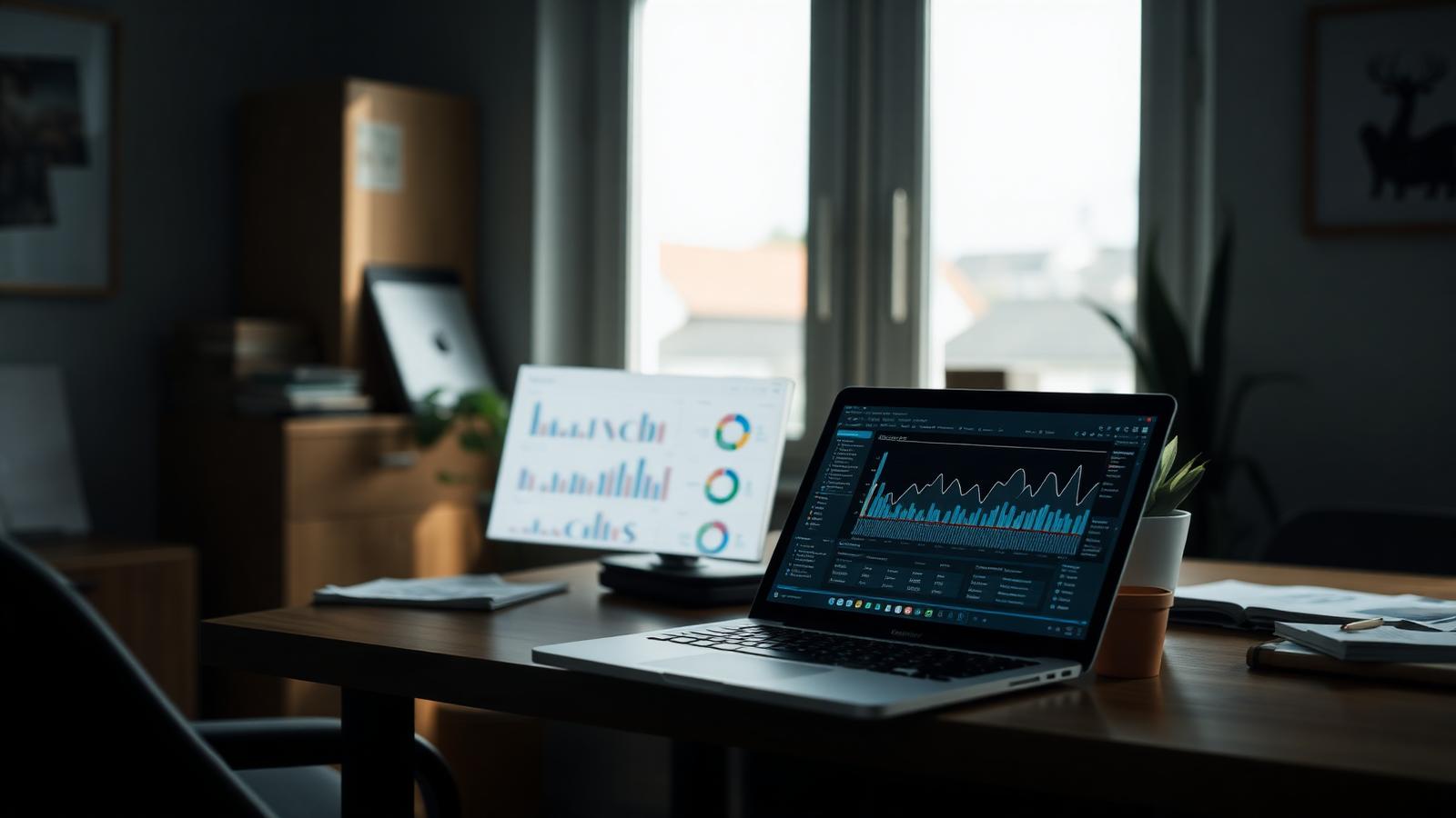 Skrivebord i en mindre dansk virksomhed med bærbar computer, der viser et datadashboard