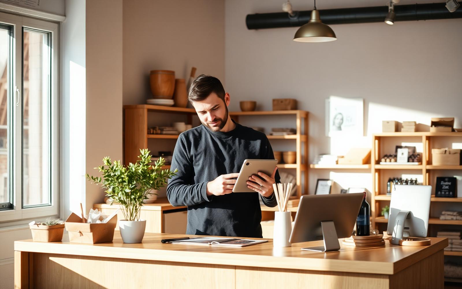 Butiksindehaver arbejder med tablet bag disken