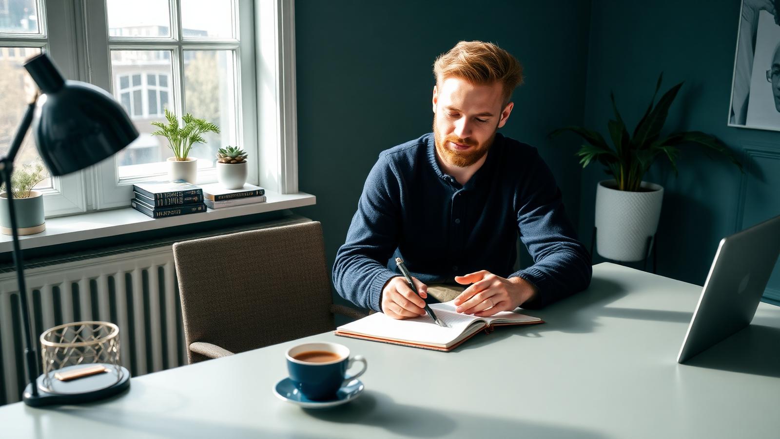 Iværksætter planlægger opstart af ny virksomhed ved skrivebord