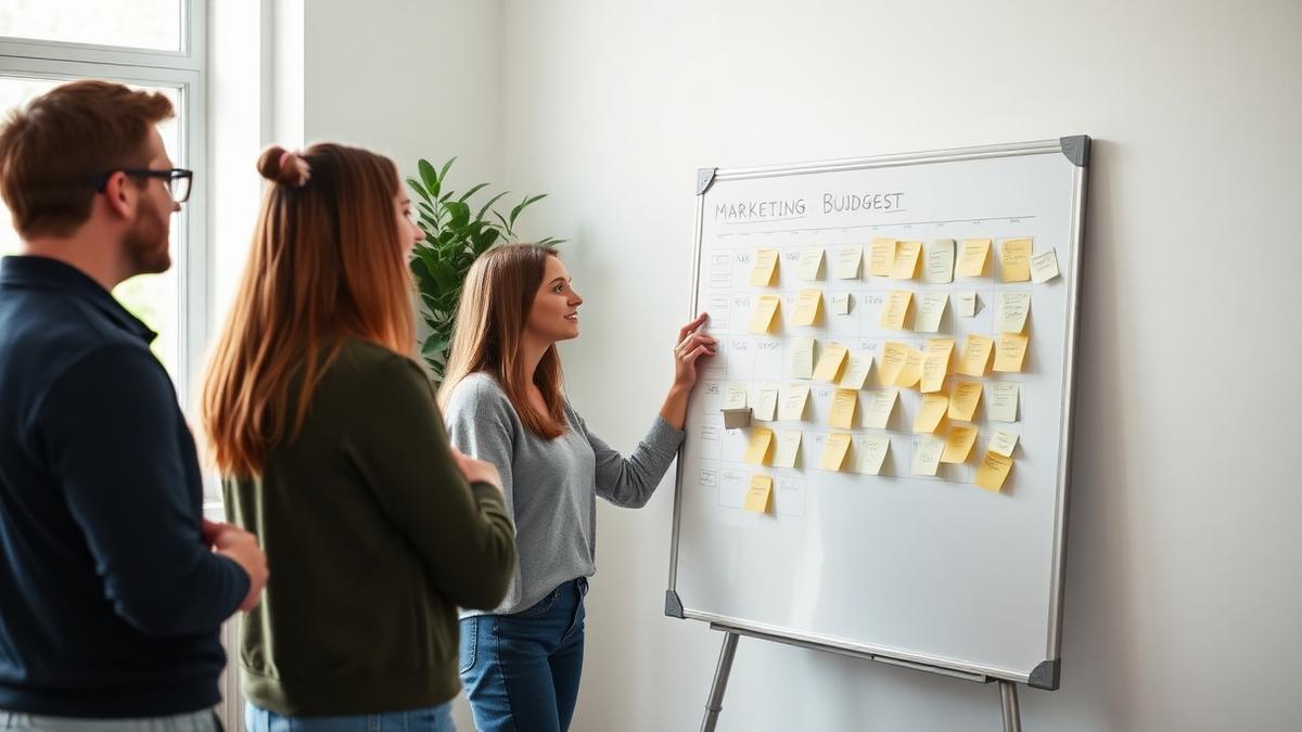 Team planlægger marketingbudget på whiteboard