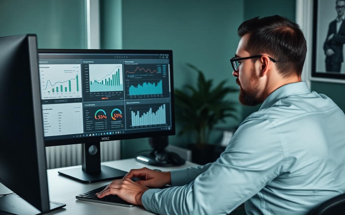 Marketingansvarlig analyserer søgedata og grafer på to skærme