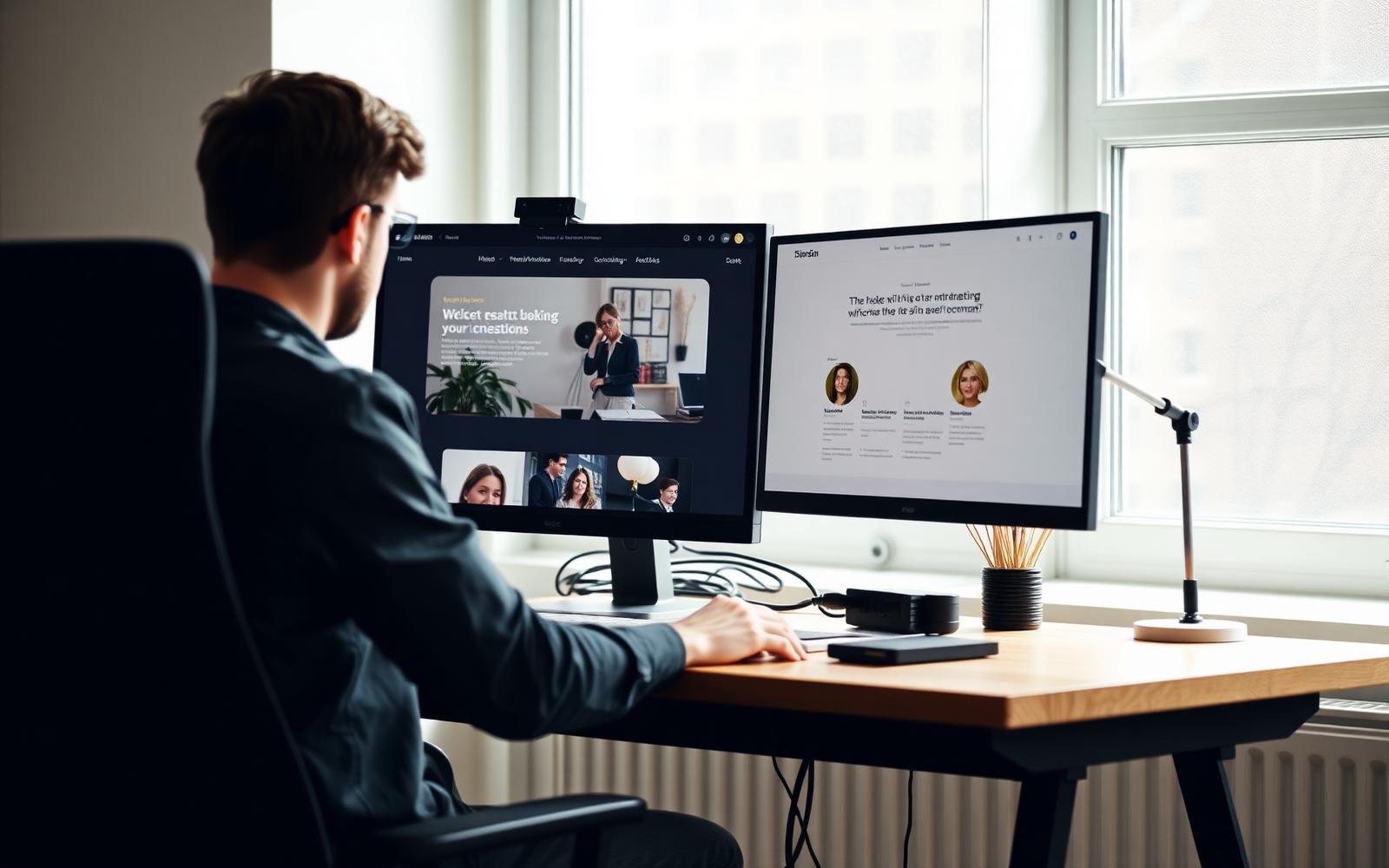 Webdesigner arbejder med et hjemmesidedesign på skærm i lyst skandinavisk kontor